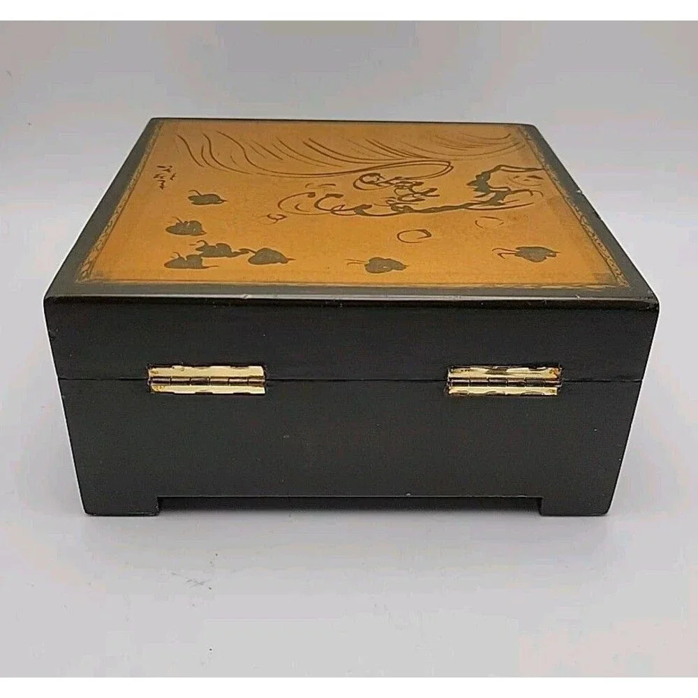 Vtg Hand Painted Wooden Hinged Jewelry Trinket Box ~ Abstract ~ Unique ~ Read